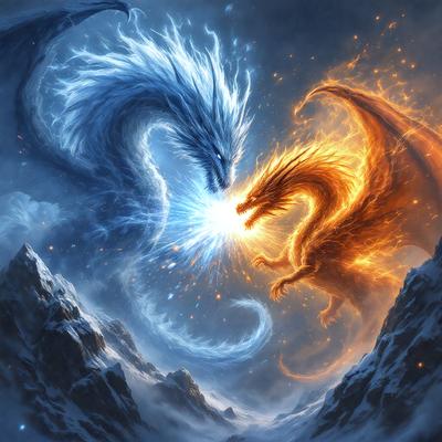 Primary subject: Two dragons fighting in the sky.

Setting/background: The sky is filled with clouds, and there is a mountain in the background.

Visual style: The image is a digital artwork.

Colors and mood: The image has a vibrant and dramatic color scheme, with the dragons being blue and orange, and the sky being filled with clouds. The overall atmosphere is intense and action-packed.
